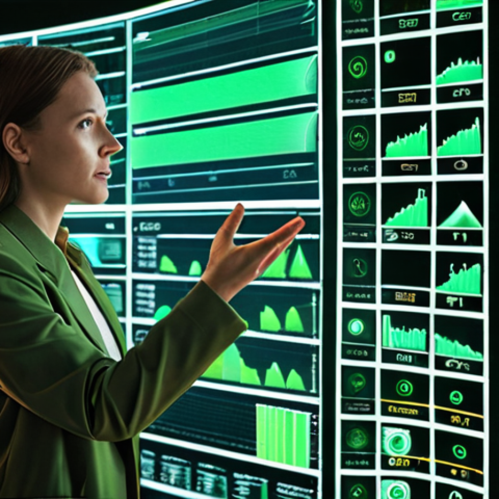 **Prompt:** A visionary marketing professional, possibly female, stands amidst a dynamic blend of technology and nature. Transparent screens and holographic projections surround her, displaying intricate data analytics charts, AI-generated personalized green messages, and eco-friendly product designs. One hand gestures towards a projection showing a sustainable product intertwined with digital data streams. The scene emphasizes the seamless integration of advanced technology (data, AI) with environmental consciousness and smart green marketing strategies. The overall aesthetic is high-tech, futuristic, sustainable, and clean, with vibrant professional lighting.