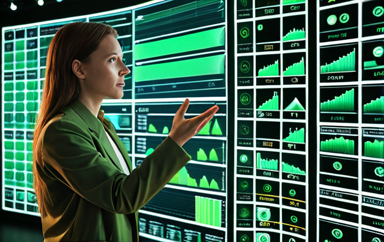 **Prompt:** A visionary marketing professional, possibly female, stands amidst a dynamic blend of technology and nature. Transparent screens and holographic projections surround her, displaying intricate data analytics charts, AI-generated personalized green messages, and eco-friendly product designs. One hand gestures towards a projection showing a sustainable product intertwined with digital data streams. The scene emphasizes the seamless integration of advanced technology (data, AI) with environmental consciousness and smart green marketing strategies. The overall aesthetic is high-tech, futuristic, sustainable, and clean, with vibrant professional lighting.