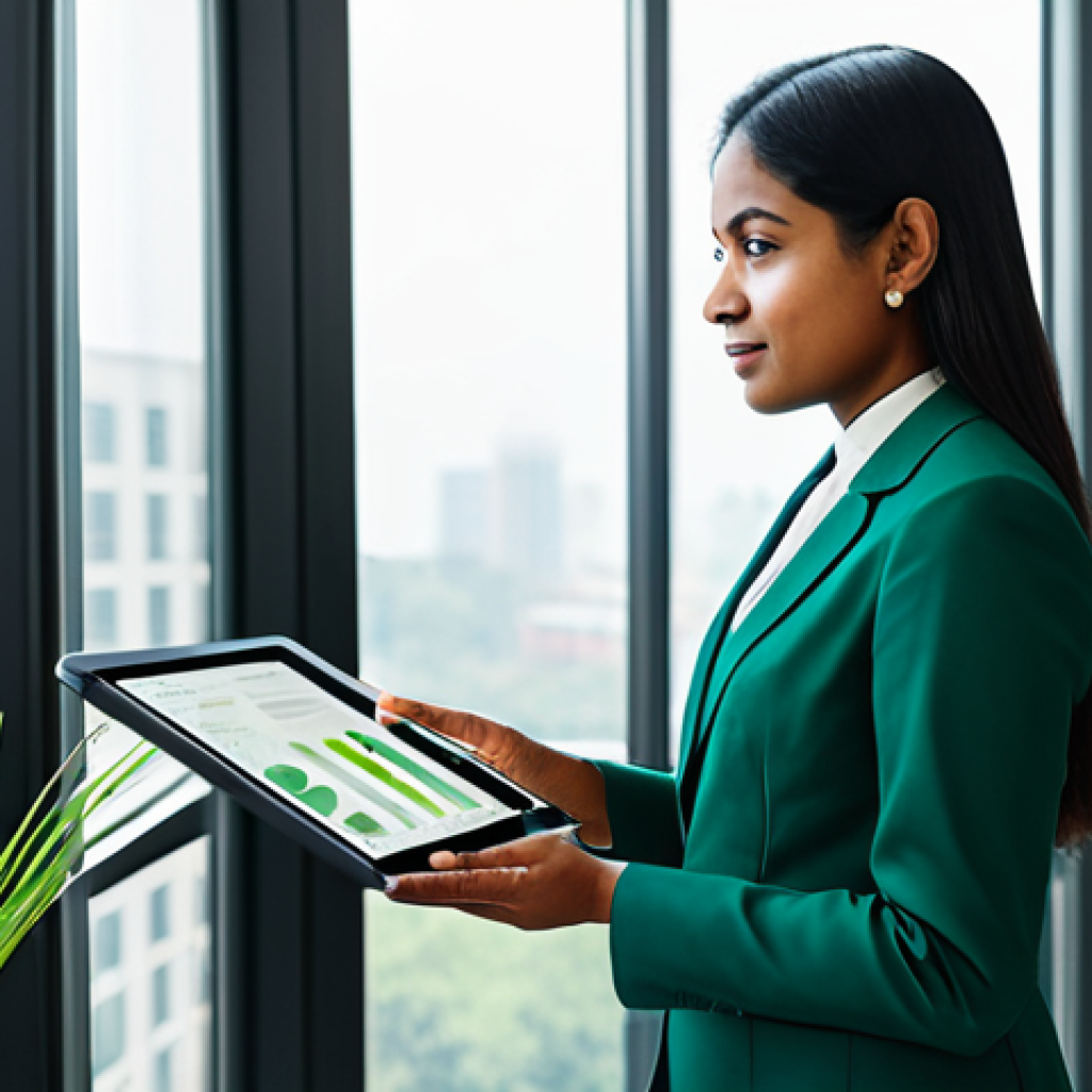 A professional businesswoman of Bengali descent, wearing a modest, elegant business suit in a professional color palette. She stands confidently beside a large window, looking towards a sustainable urban landscape outside. She holds a tablet displaying a subtle green marketing infographic. The setting is a modern, light-filled office space with eco-friendly design elements, tasteful indoor plants, and natural wood accents. The image is a high-resolution professional photograph, with perfect anatomy, correct proportions, and a natural pose. Well-formed hands, proper finger count, and natural body proportions are ensured. safe for work, appropriate content, fully clothed, professional dress, modest clothing.