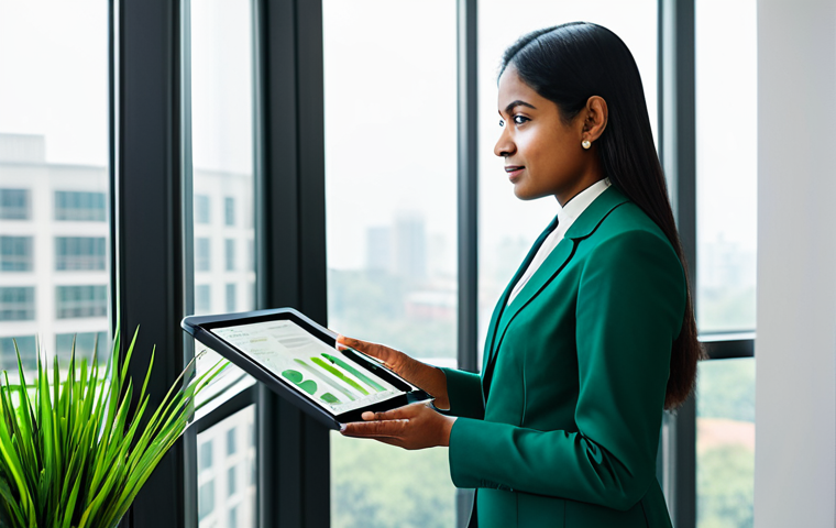 A professional businesswoman of Bengali descent, wearing a modest, elegant business suit in a professional color palette. She stands confidently beside a large window, looking towards a sustainable urban landscape outside. She holds a tablet displaying a subtle green marketing infographic. The setting is a modern, light-filled office space with eco-friendly design elements, tasteful indoor plants, and natural wood accents. The image is a high-resolution professional photograph, with perfect anatomy, correct proportions, and a natural pose. Well-formed hands, proper finger count, and natural body proportions are ensured. safe for work, appropriate content, fully clothed, professional dress, modest clothing.