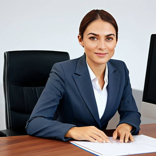 Home 19 **Sustainable Businesswoman:** A professional businesswoman in a modest business suit, sitting at a desk in a modern office, fully clothed, appropriate attire, safe for work, perfect anatomy, natural proportions, professional photography, high quality.