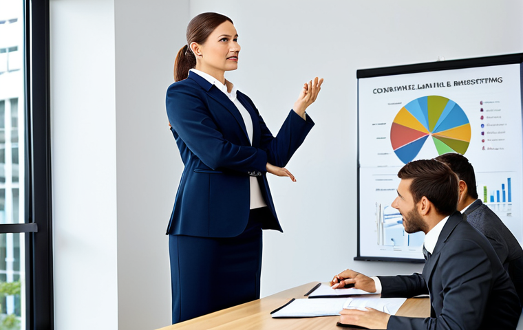 친환경 마케팅 자격증 취득 방법 - **Prompt:** A professional businesswoman in a modest business suit, giving a presentation on sustain...