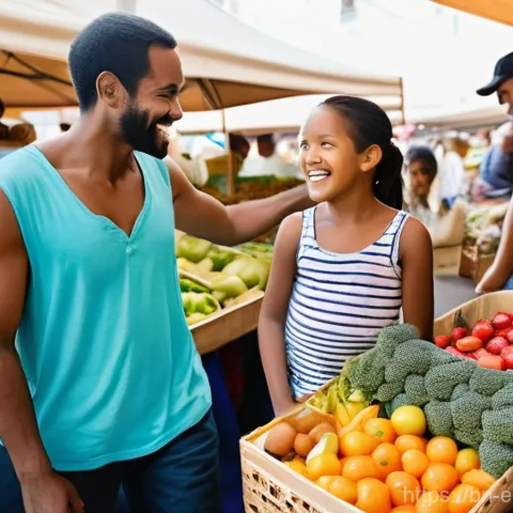 친환경 마케팅 분야 경력 개발 - **Prompt: "A vibrant, sun-drenched indoor farmer's market, bustling with a diverse group of happy cu...