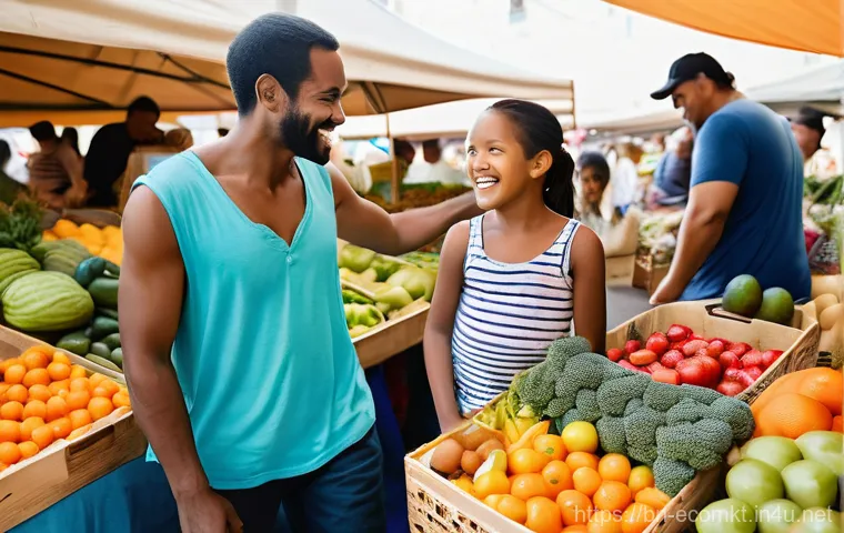 친환경 마케팅 분야 경력 개발 - **Prompt: "A vibrant, sun-drenched indoor farmer's market, bustling with a diverse group of happy cu...