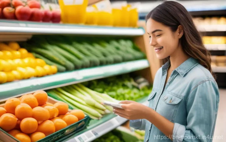 친환경 마케팅 교육 내용 - **Prompt 1: The Conscious Consumer's Choice**
    A wide-angle shot in a brightly lit, modern grocer...