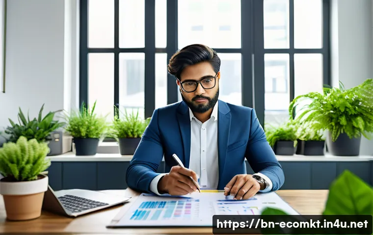 친환경 마케터의 업무 일지 작성법 - A professional Bengali eco-friendly marketer in a modern office setting, organizing daily task prior...