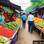 친환경 마케팅 분야 최신 이론 - A vibrant and detailed scene of a local Bengali market showcasing eco-friendly brands with biodegrad...