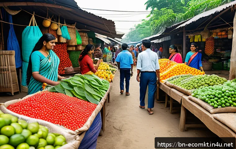 친환경 마케팅 분야 최신 이론 - A vibrant and detailed scene of a local Bengali market showcasing eco-friendly brands with biodegrad...